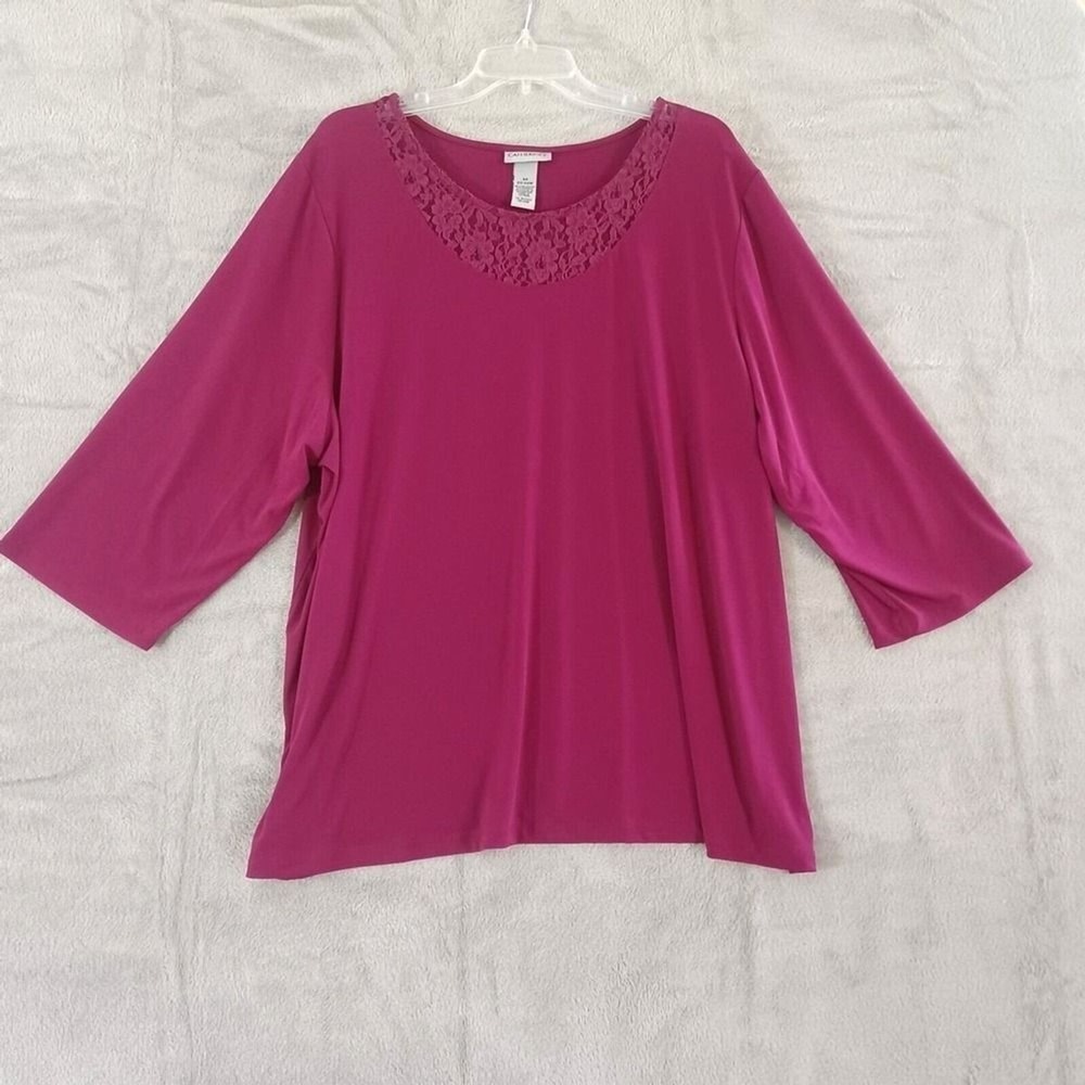 Catherines Top 2X Magenta Lace Neck 3/4 Sleeve Casual Travel Office Stretch Knit